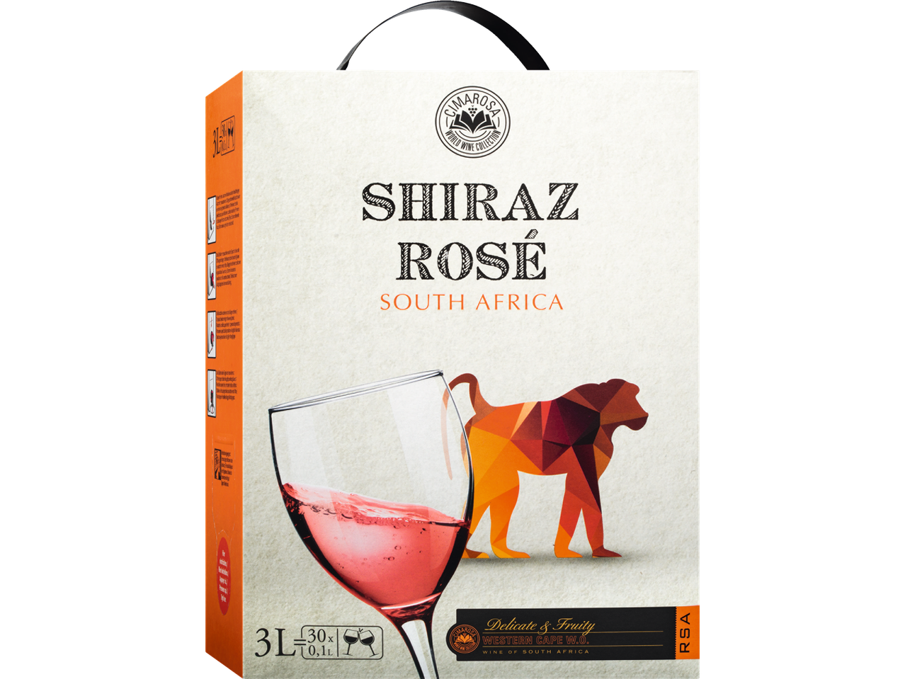 Cimarosa Shiraz Rosé d'Afrique du Sud, 3L, avec un verre de vin et un babouin stylisé.