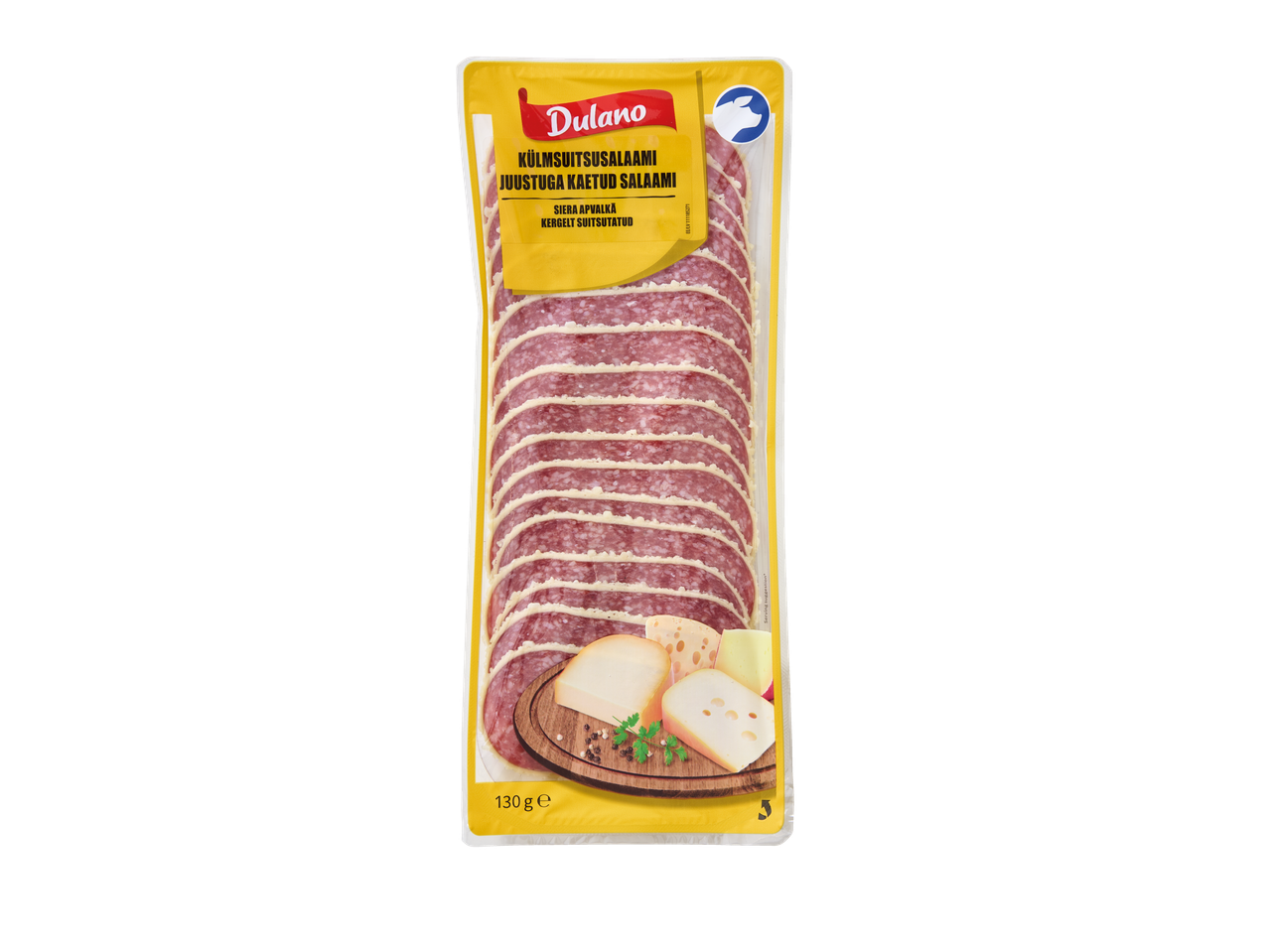 Dulano juustuga kaetud salami, viiludena.