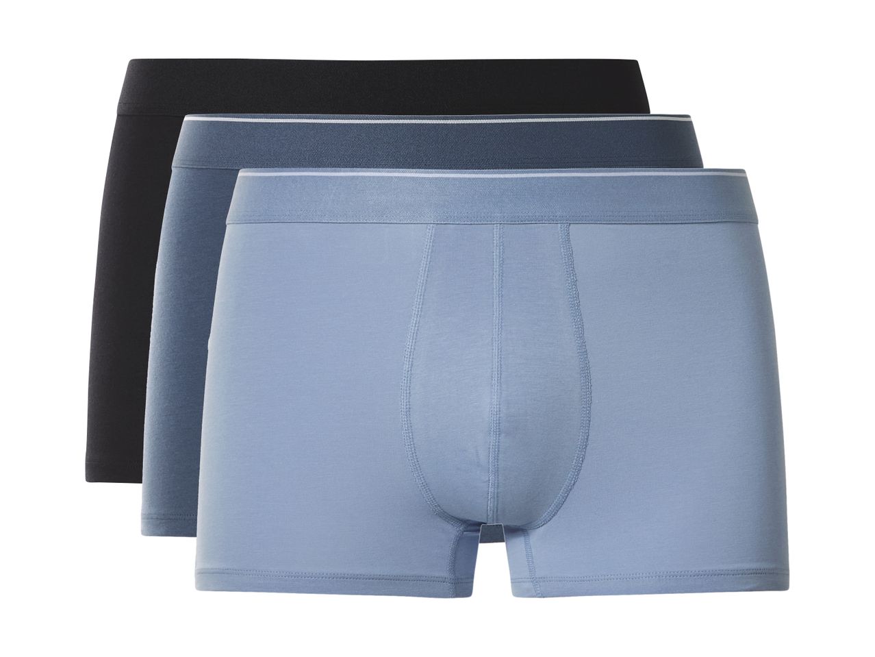 Tre par herreboxershorts i sort, mørkeblå og lyseblå.