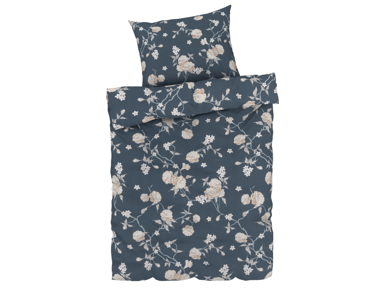 Комплект спално бельо с флорални мотиви в сиво-синьо и бежово.