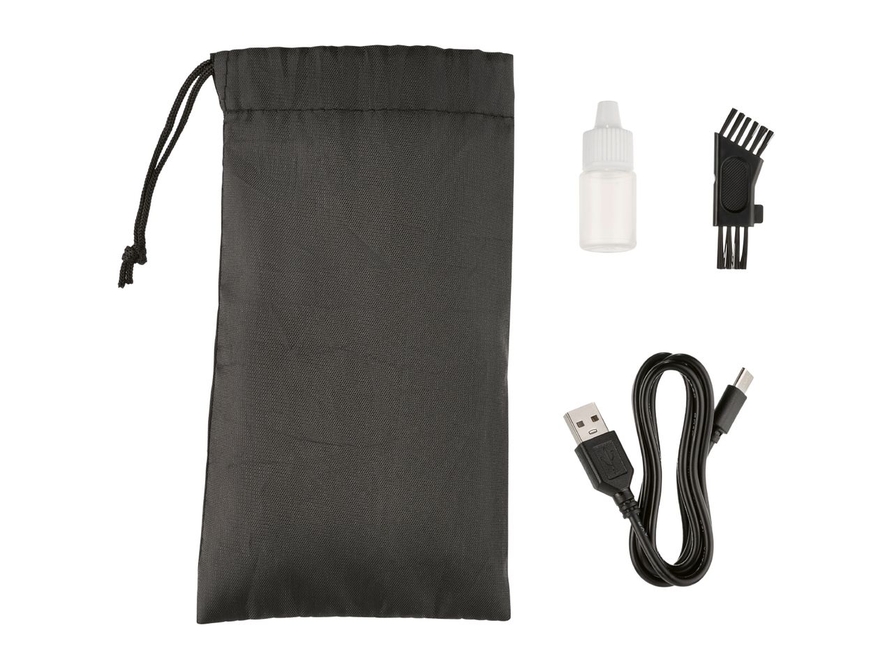 A black carrying pouch, cleaning brush, oil bottle, and USB charging cable for a grooming device.