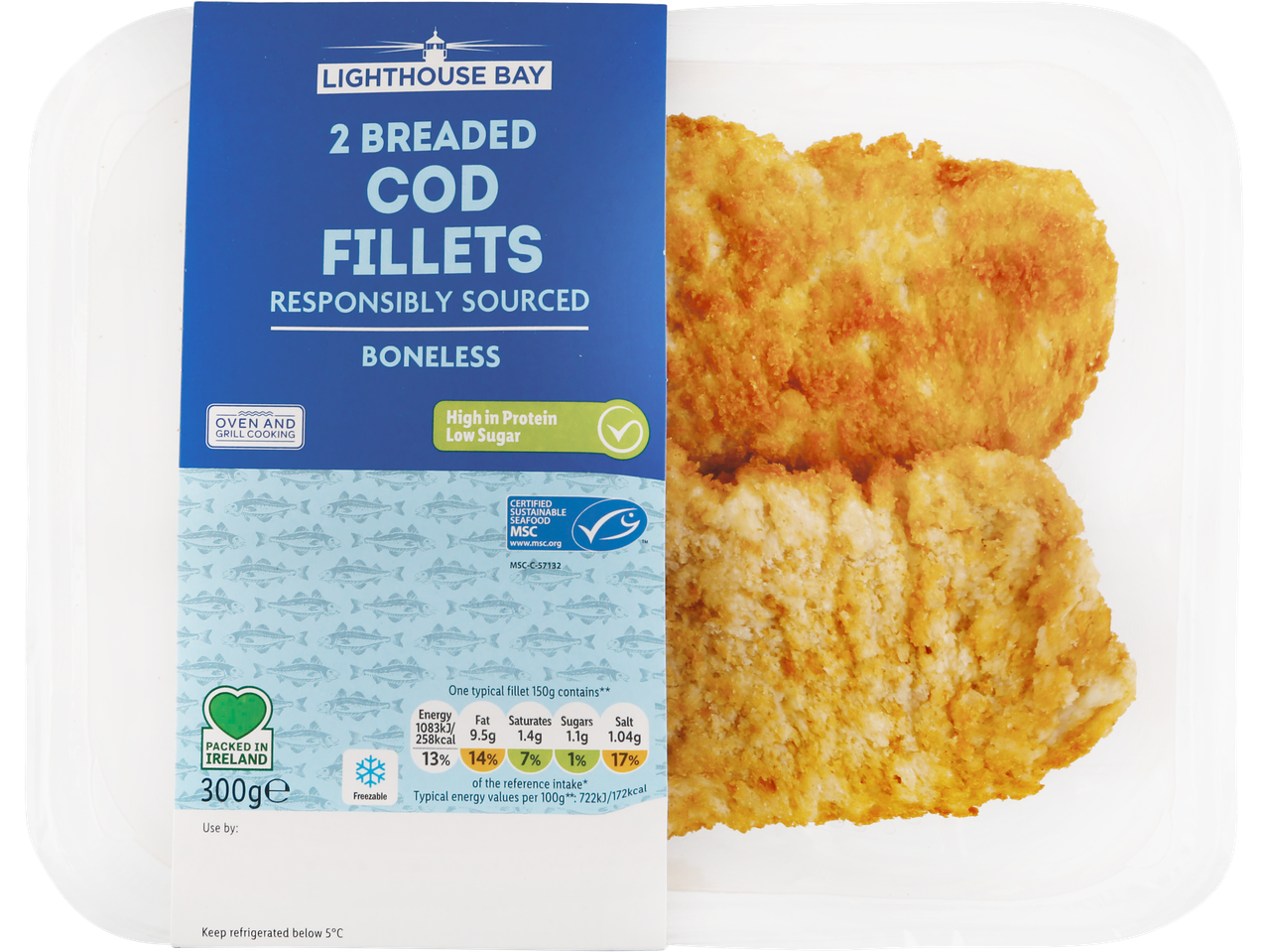 Two Lighthouse Bay breaded cod fillets, responsibly sourced.