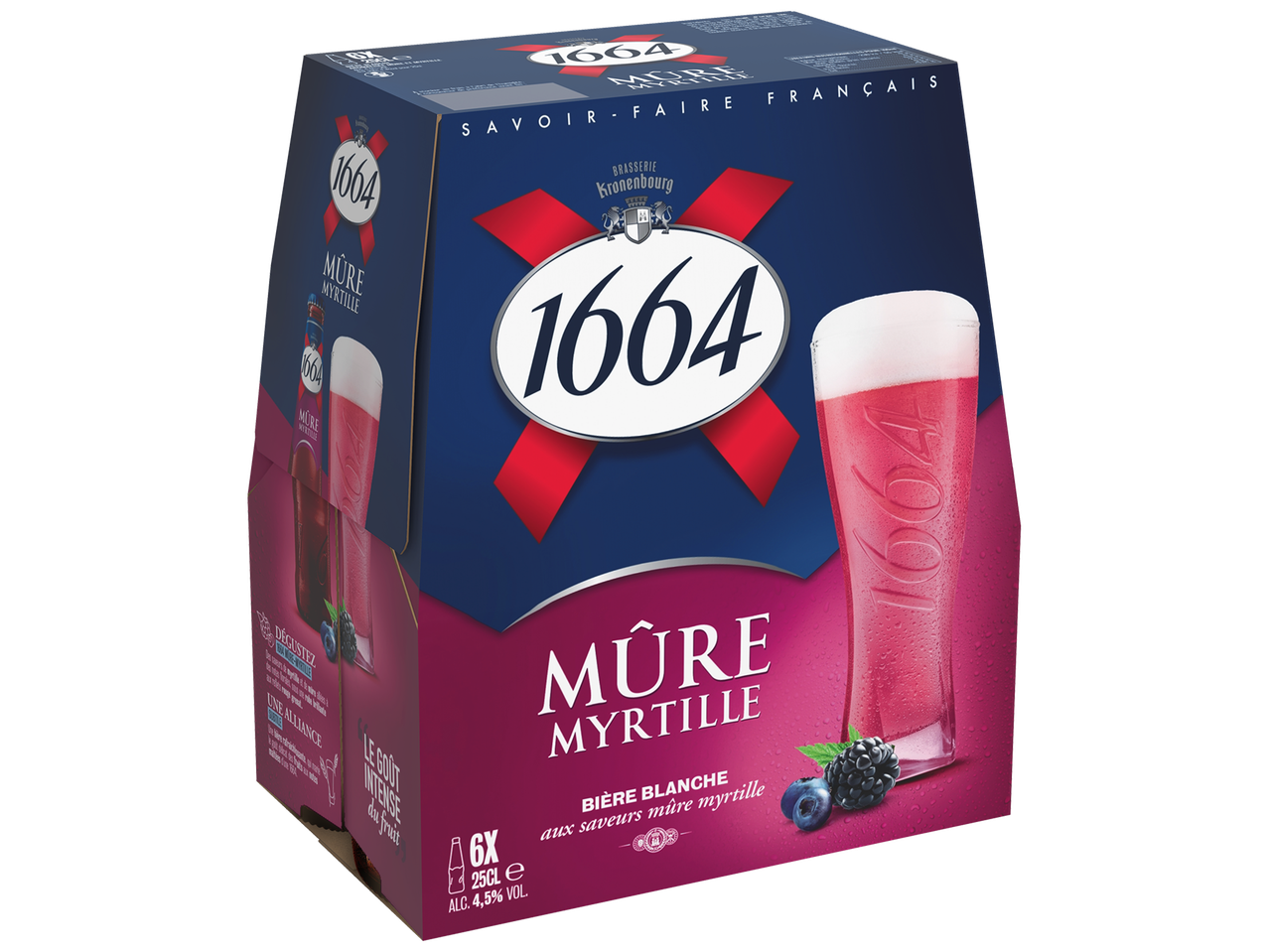 Un pack de bière blanche à la mûre et à la myrtille, avec un verre de bière rose et des fruits.