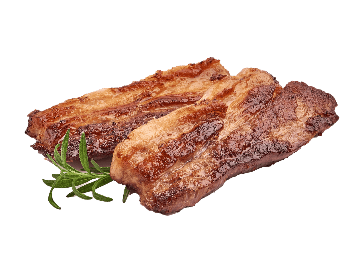 Zwei gegrillte Schweinebauchscheiben mit Rosmarin.