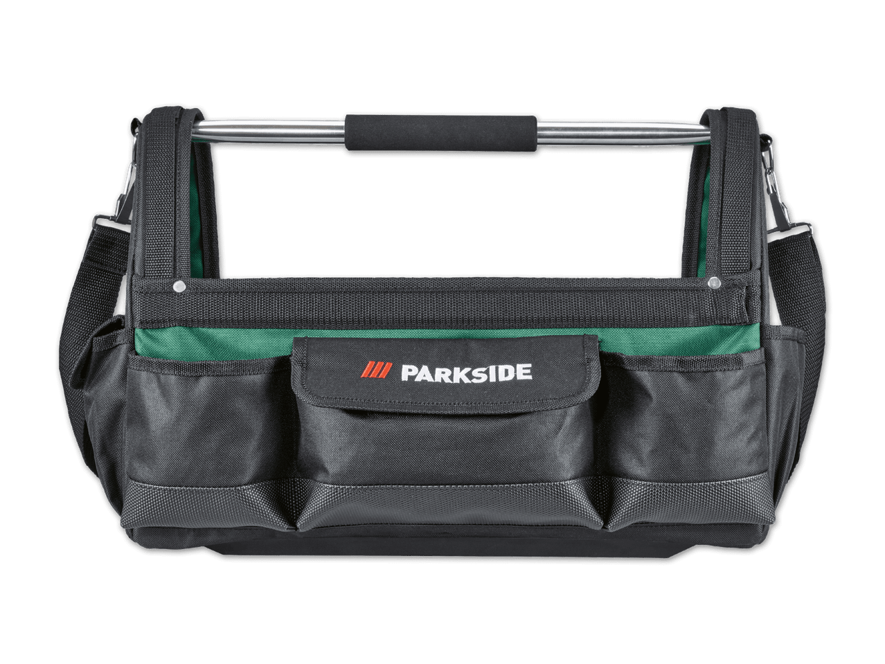 Werkzeugtasche aus Stoff mit Metallgriff und Schultergurt