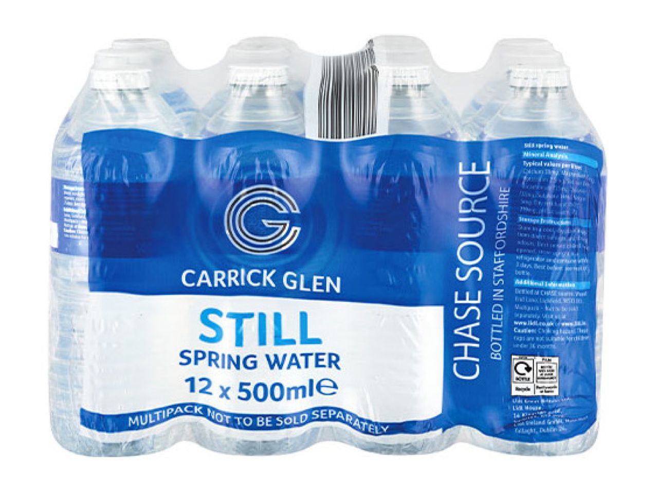 Multipack of 12 x 500ml still spring water bottles, bottled in Staffordshire.