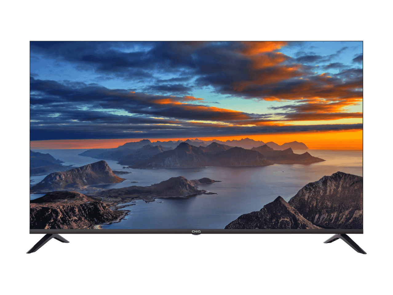CHiQ Fernseher mit Bildschirm, der eine Berglandschaft bei Sonnenuntergang zeigt