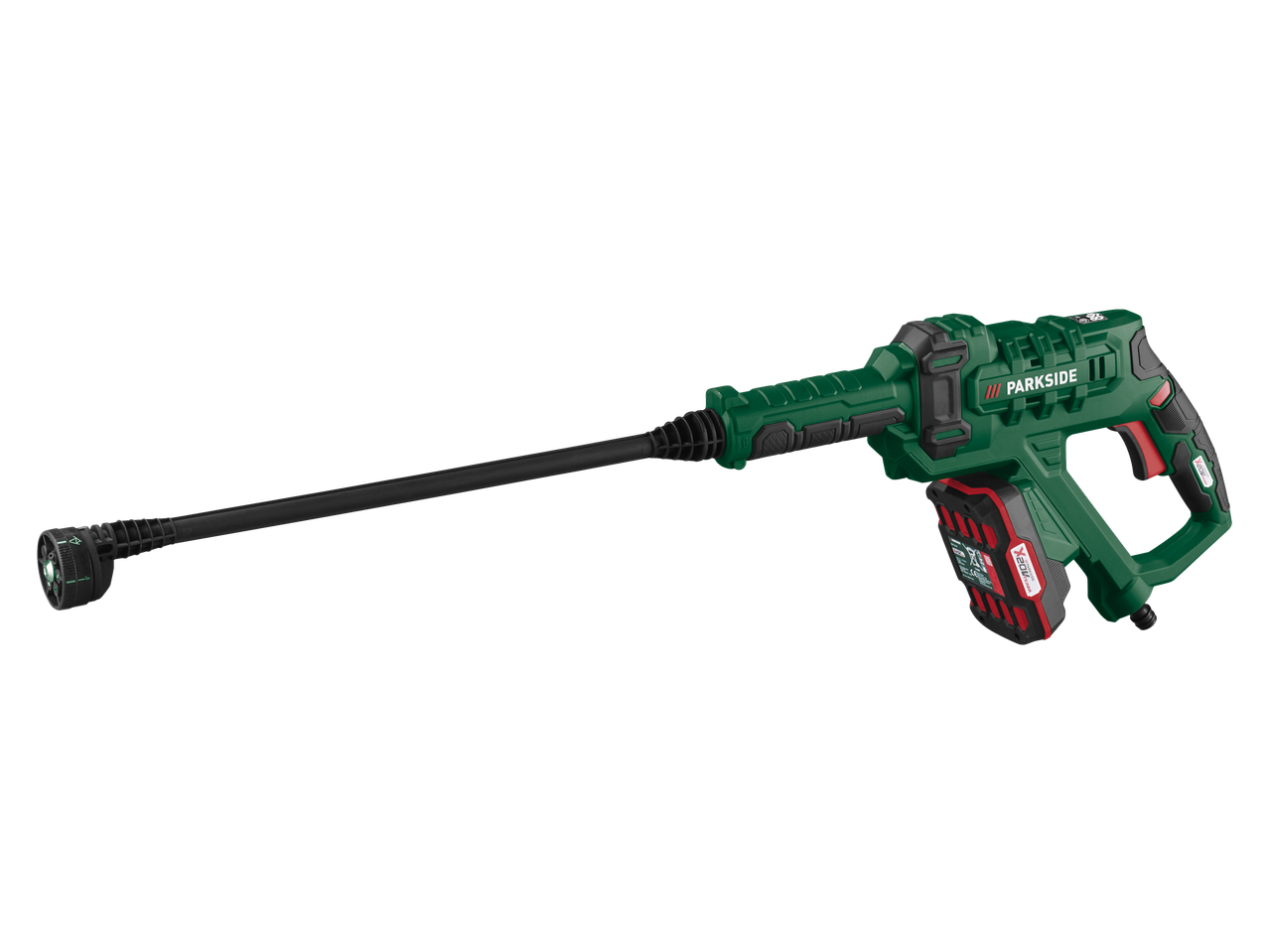 Cordless pressure washer with a long black lance and a red and black battery pack.