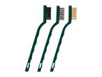 Three wire brushes with green handles and different bristle types
