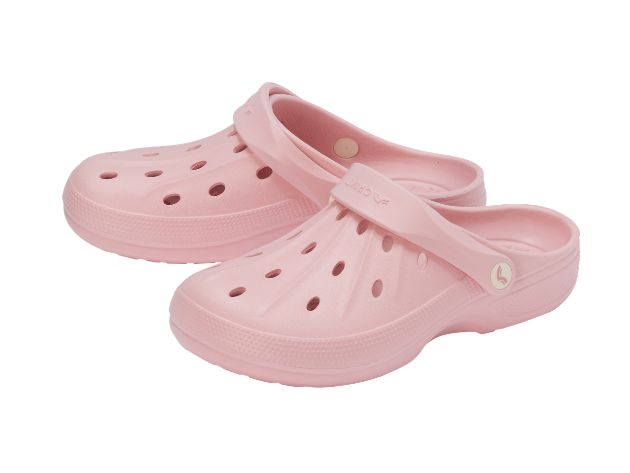 Une paire de sabots en caoutchouc rose clair avec des trous d'aération et une bride arrière.