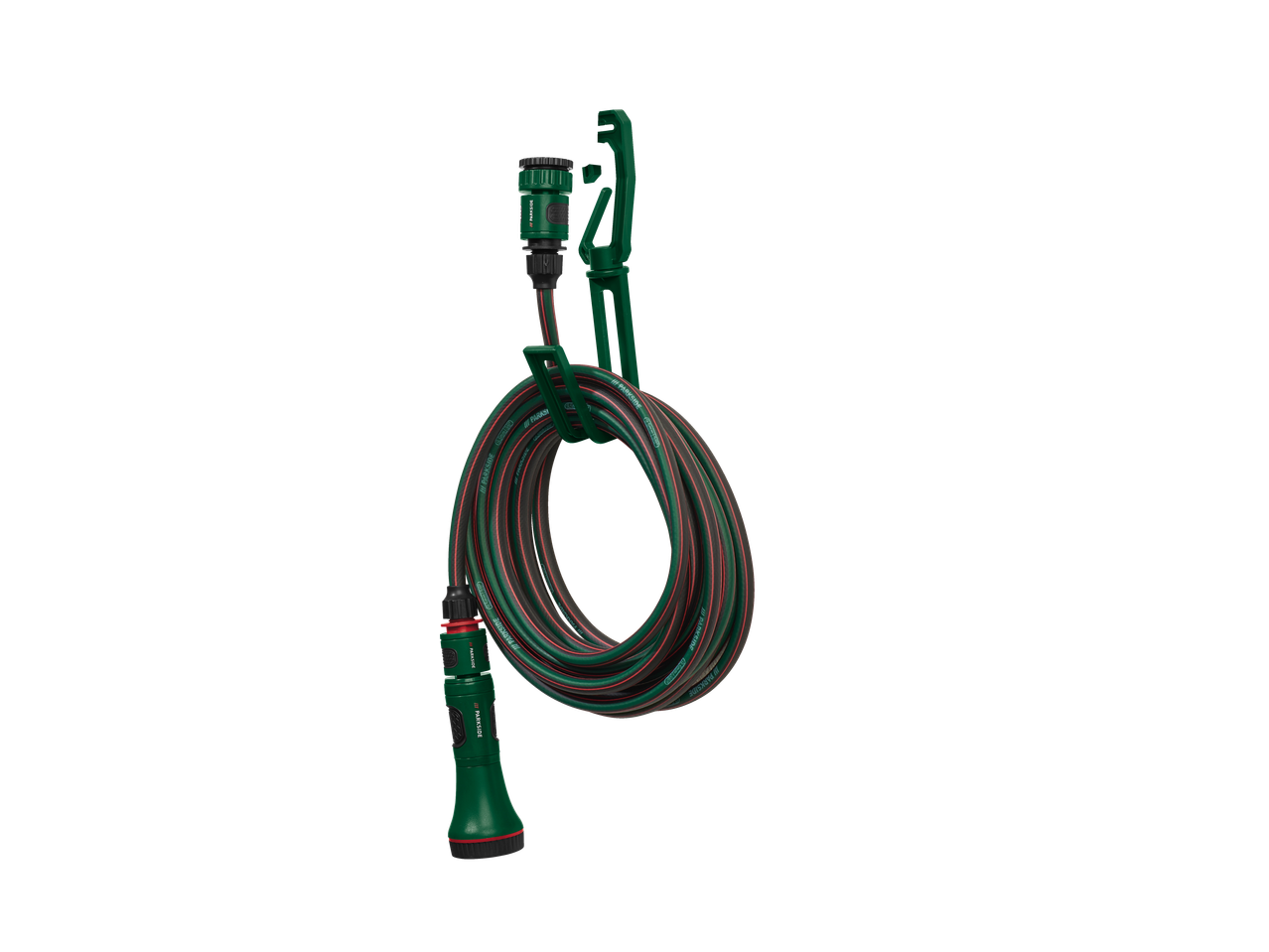 Conjunto de mangueira em espiral PARKSIDE com suporte de parede verde.