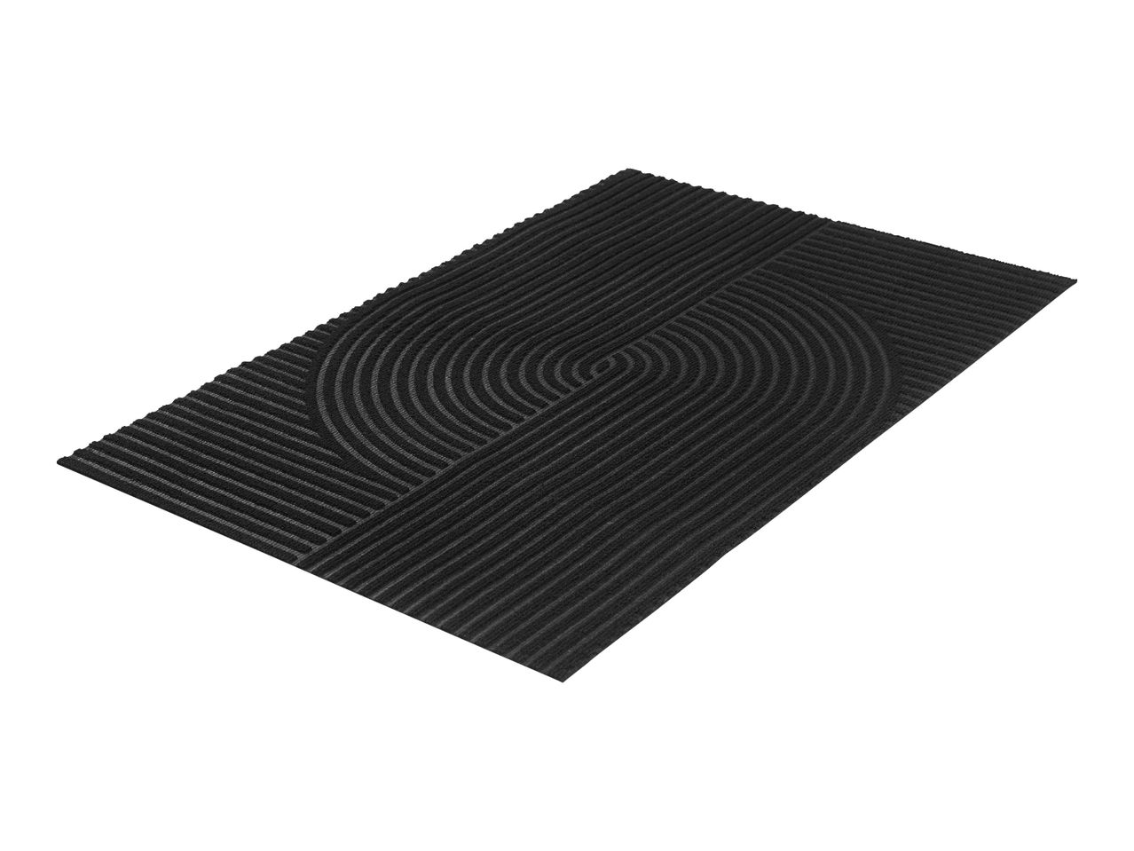Black doormat with a textured, swirling geometric pattern