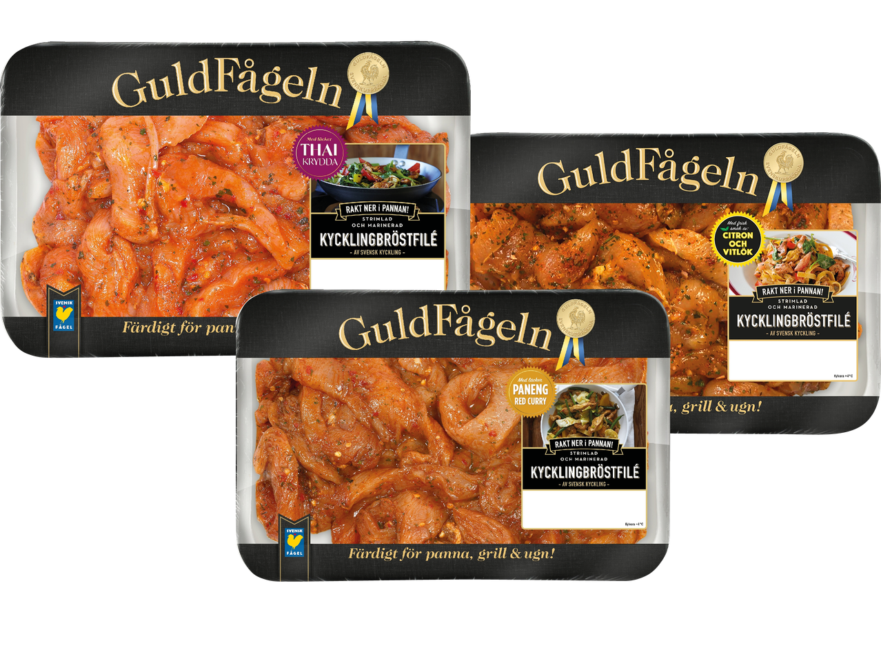 Tre förpackningar med marinerad kycklingbröstfilé från Guldfågeln, med olika smaker.