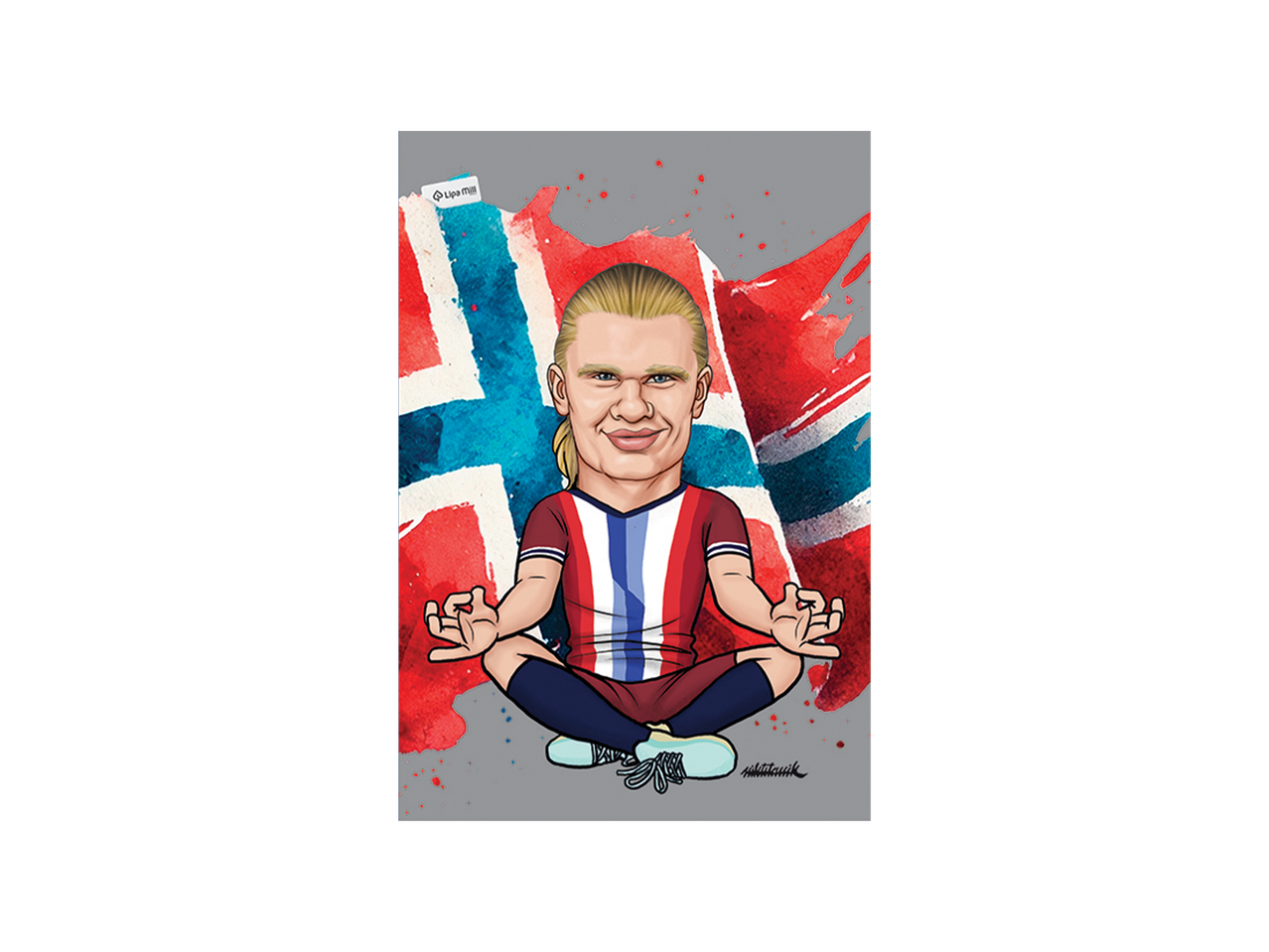 Karikatura fudbalera u dresu, sedi u joga pozi ispred norveške zastave.