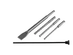 A set of SDS-plus drill bits and a chisel, with a depth gauge below.