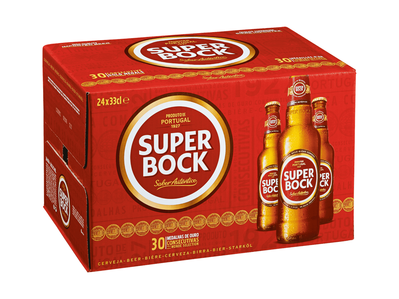 Eine rote Schachtel Super Bock Bier mit 24 Flaschen und goldenen Medaillen.