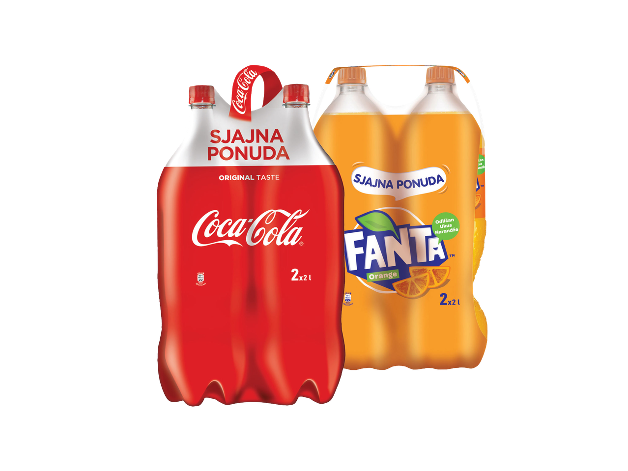 Pakovanje Coca-Cole i Fante od 2x2L, sa natpisom 'Sjajna ponuda'.