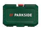 A dark green tool case with a red latch and white lettering.
