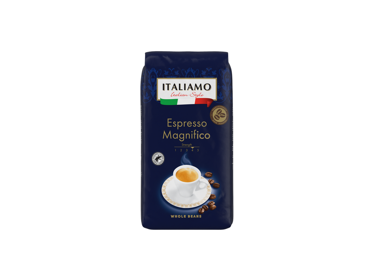 Italiamo Espresso Magnifico coffee bag with a cup of espresso and coffee beans.
