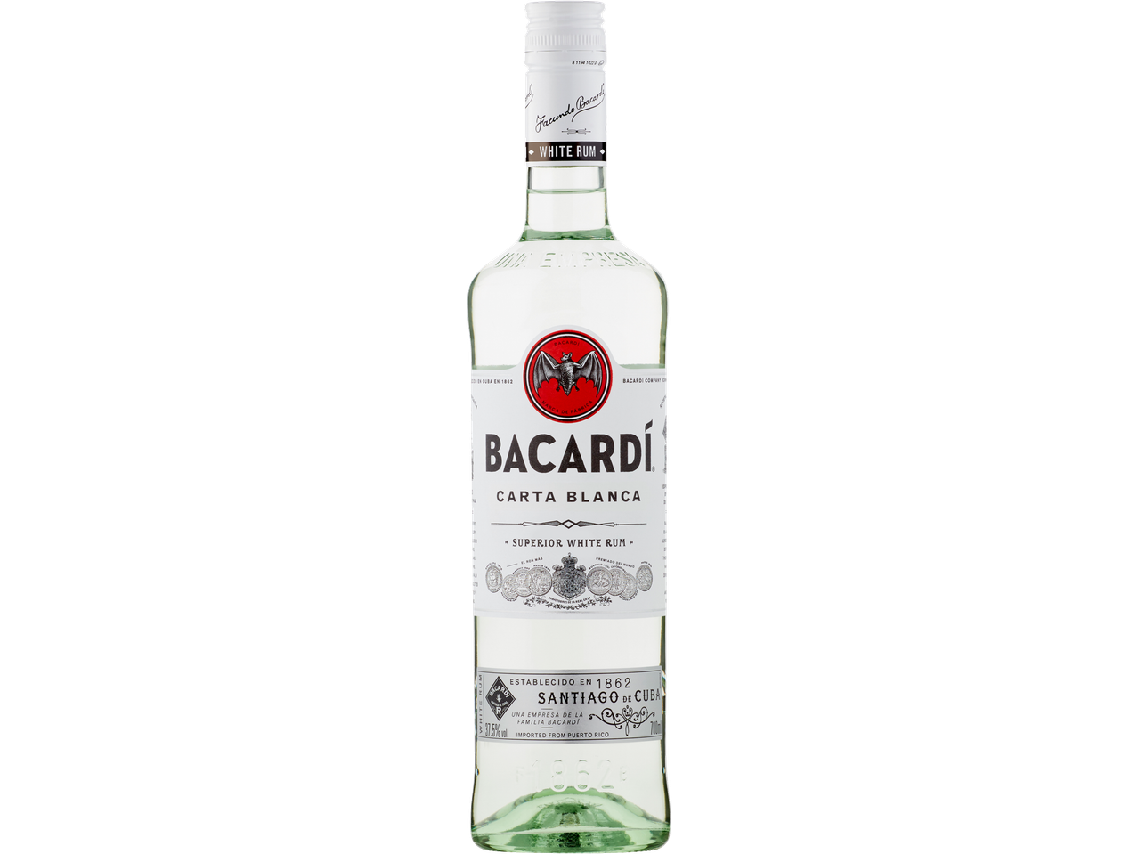 Bacardi Carta Blanca Superior White Rum bottle with a white label and red bat logo.