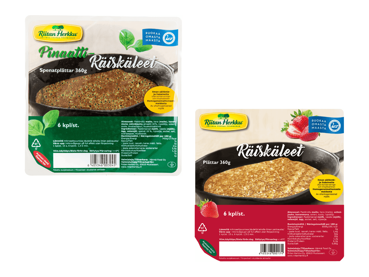 Kaksi pakkausta perinteisiä räiskäleitä ja pinaattiräiskäleitä.