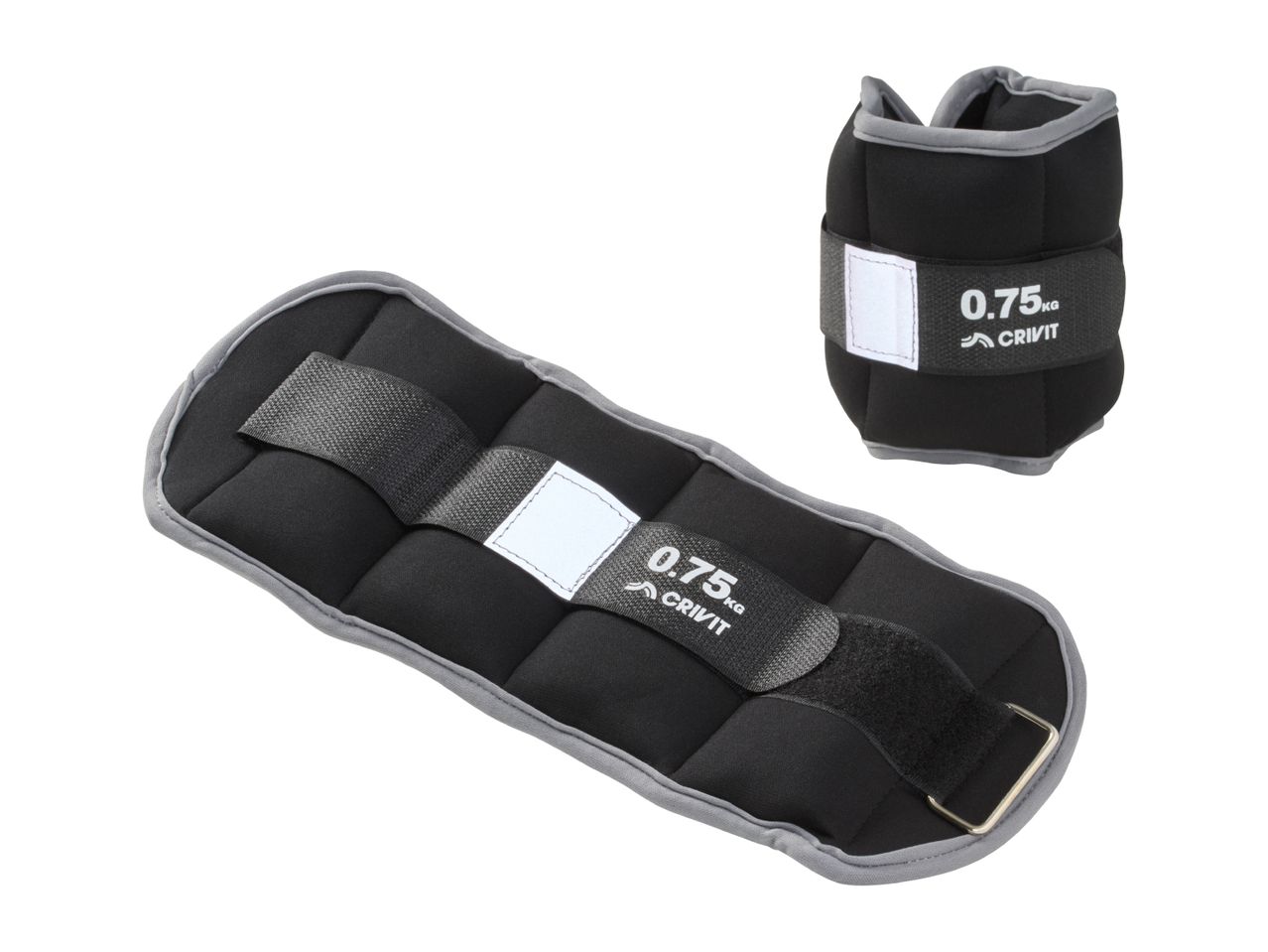 Two black and grey ankle/wrist weights, one flat and one upright, both 0.75 kg.