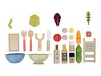 Wooden toy salad set with vegetables, utensils, and condiments.