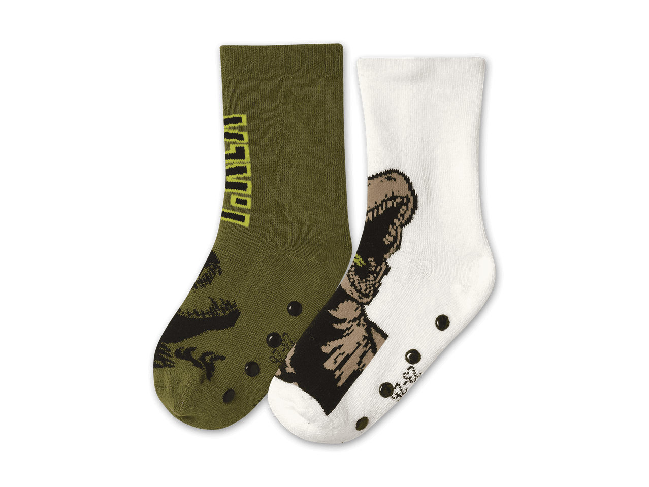 Zwei Paar Kindersocken mit Dinosaurier-Motiv, eines olivgrün, eines weiß
