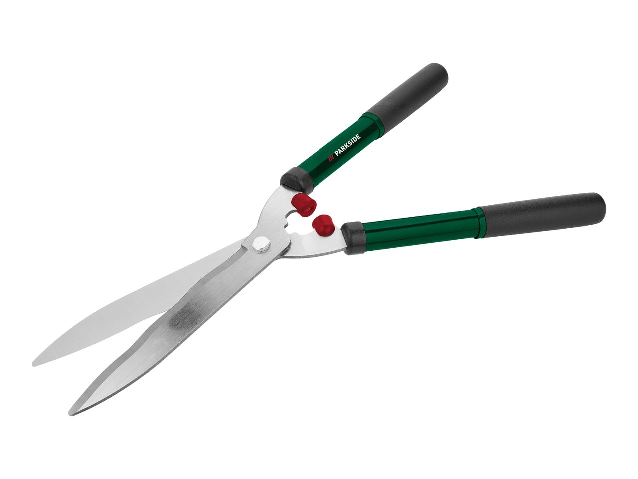 Hedge shears with green handles and black grips, featuring red shock absorbers.