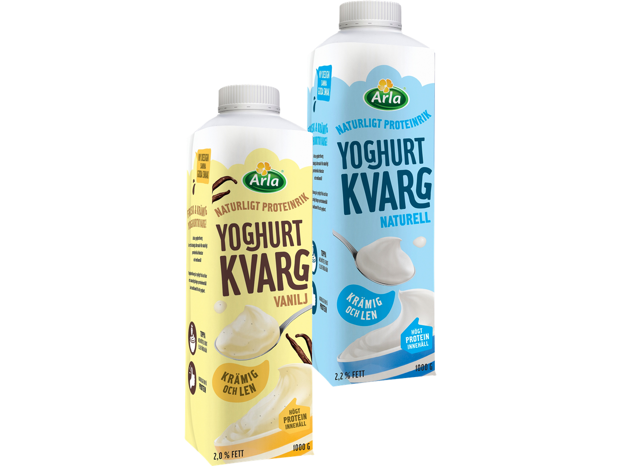 Två förpackningar yoghurtkvarg, en med vaniljsmak och en naturell, båda med hög proteinhalt.