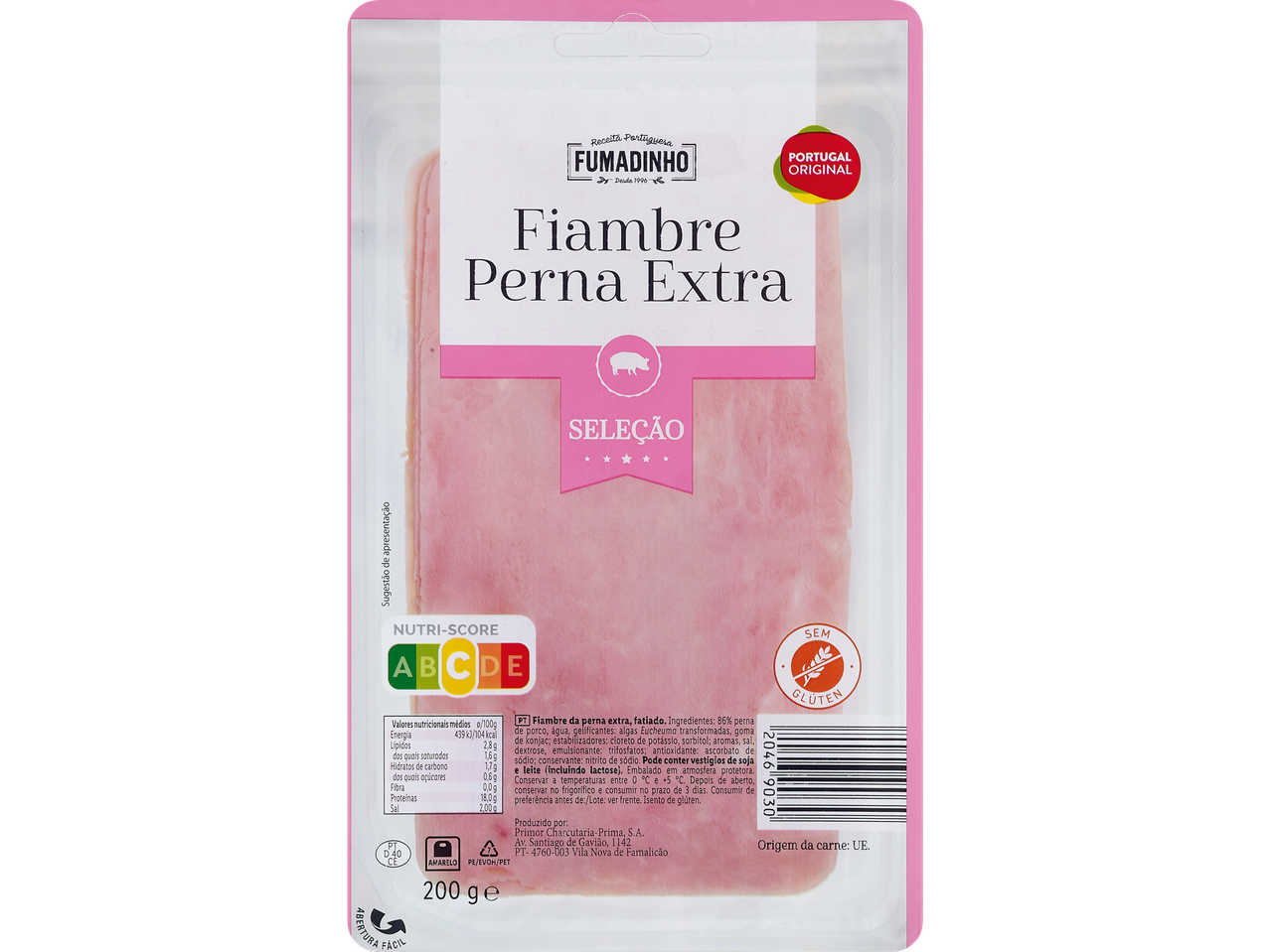 Tranches de jambon Fumadinho Fiambre Perna Extra avec Nutri-Score et détails du produit.
