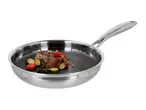 Stainless steel frying pan with steak, zucchini, and cherry tomatoes.