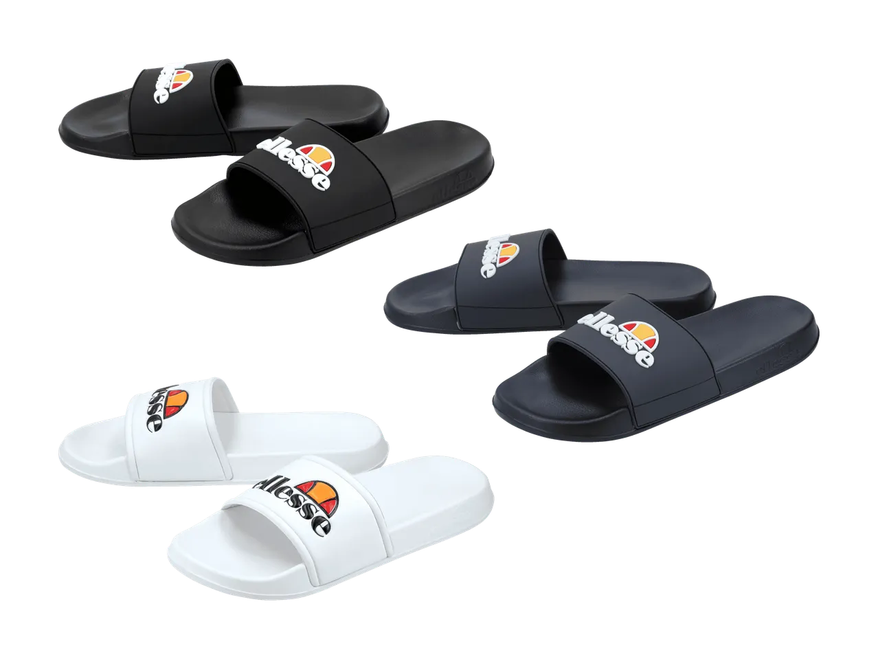 Drei Paar Badesandalen in Schwarz, Blau und Weiß mit einem farbigen Logo.