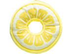 A yellow lemon-shaped plush toy with a hole in the center.