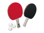 Two table tennis rackets, one red and one black, with three white ping pong balls.
