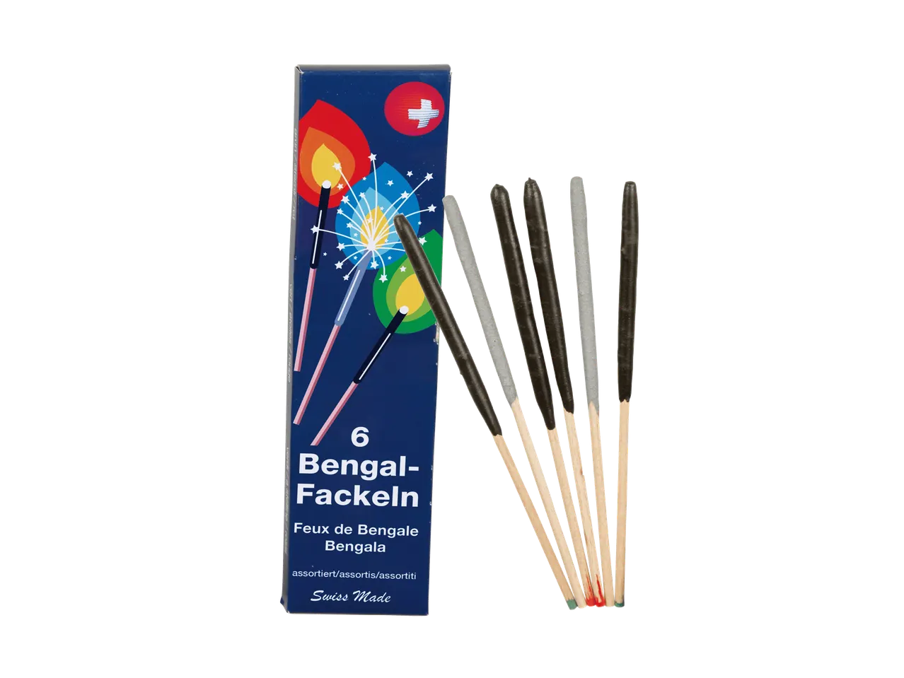 Schachtel mit 6 sortierten Wunderkerzen, hergestellt in der Schweiz.