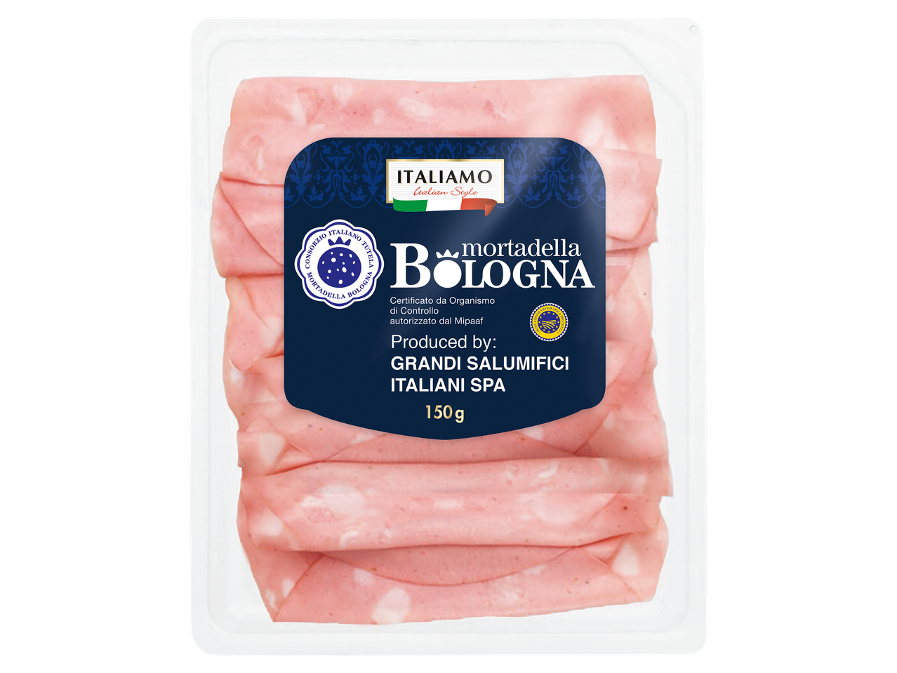 Szeletelt mortadella Bologna védőgázas csomagolásban, 150 g.
