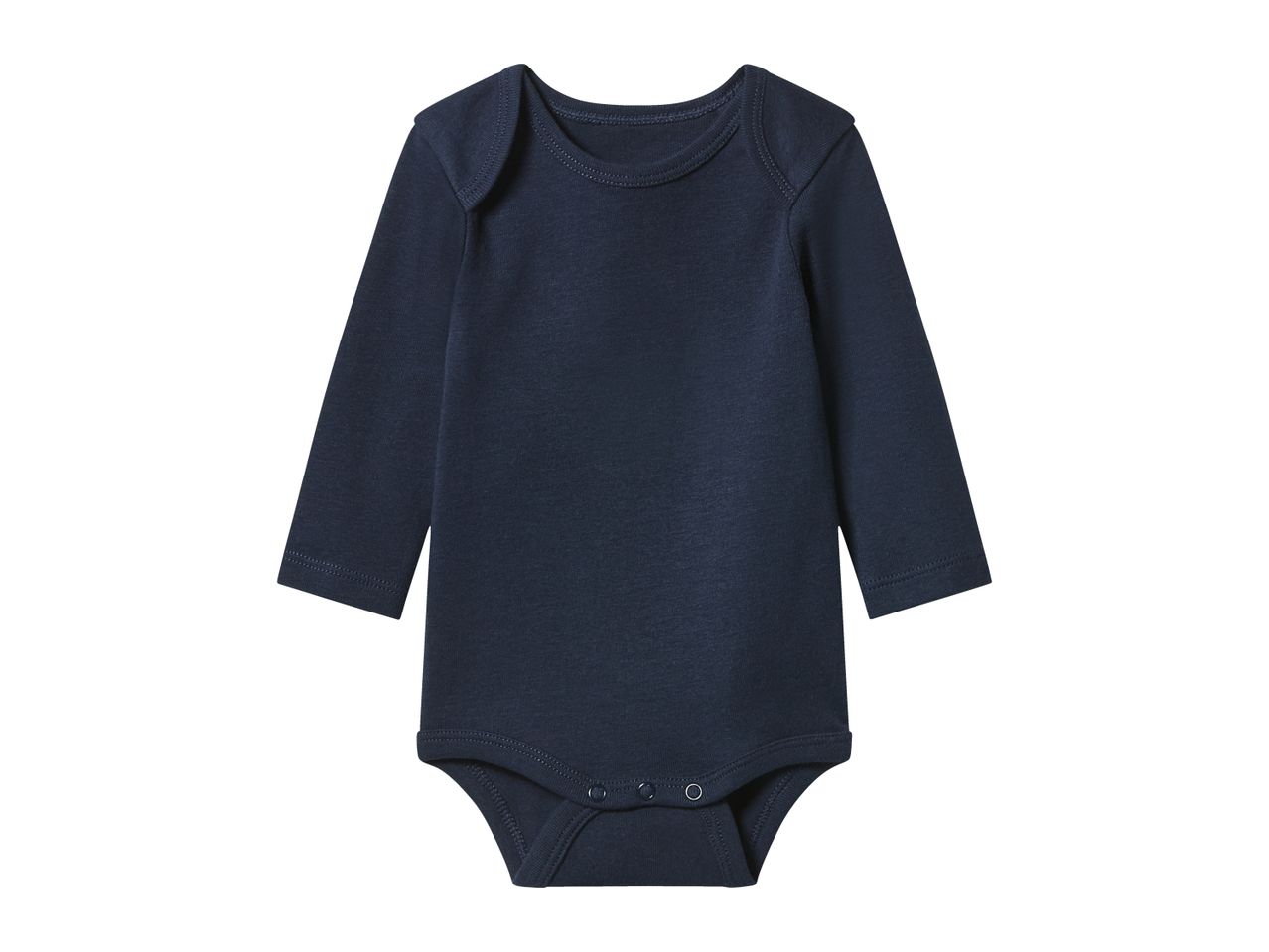 Dark blue long-sleeved baby bodysuit with snap closures at the crotch.