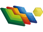 Blocuri colorate și un hexagon galben, posibil un logo sau un element de design.