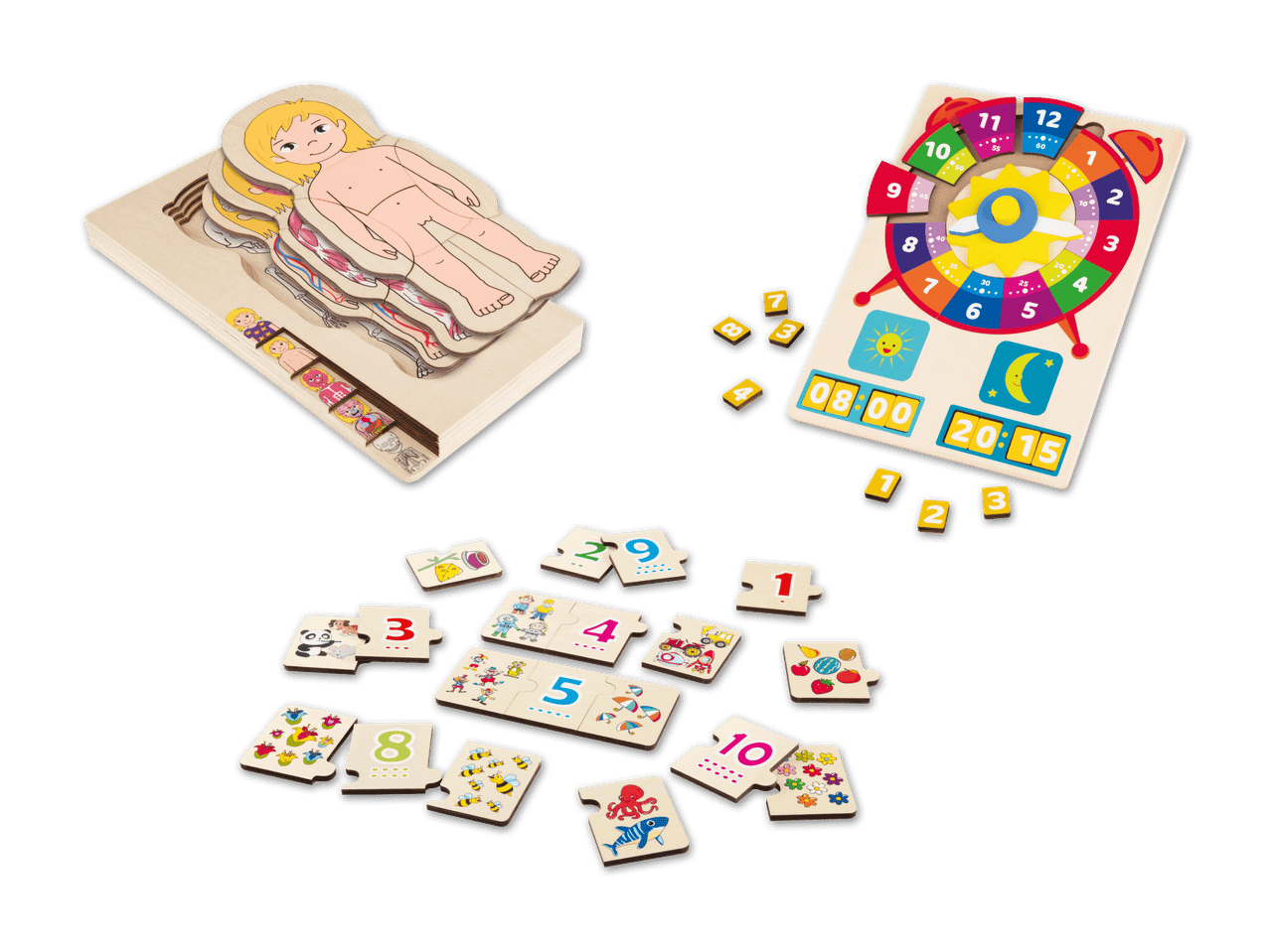 Holzpuzzles für Kinder: Anatomie, Uhrzeit lernen und Zahlen-Steckpuzzle