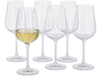 Six verres à vin, dont un rempli de vin blanc, sur fond noir.