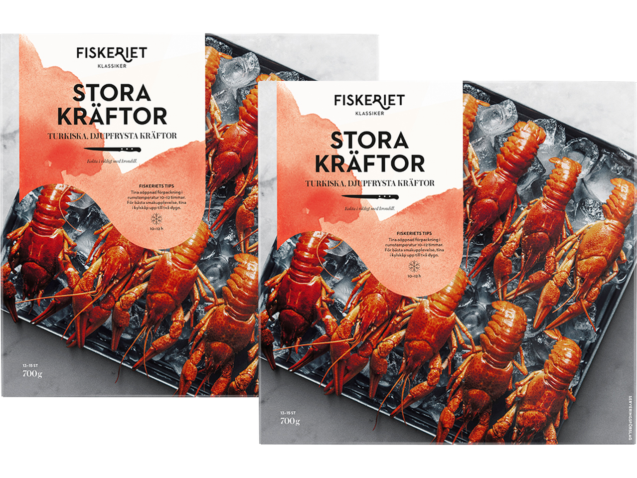 Två förpackningar med frysta turkiska kräftor från Fiskeriet.