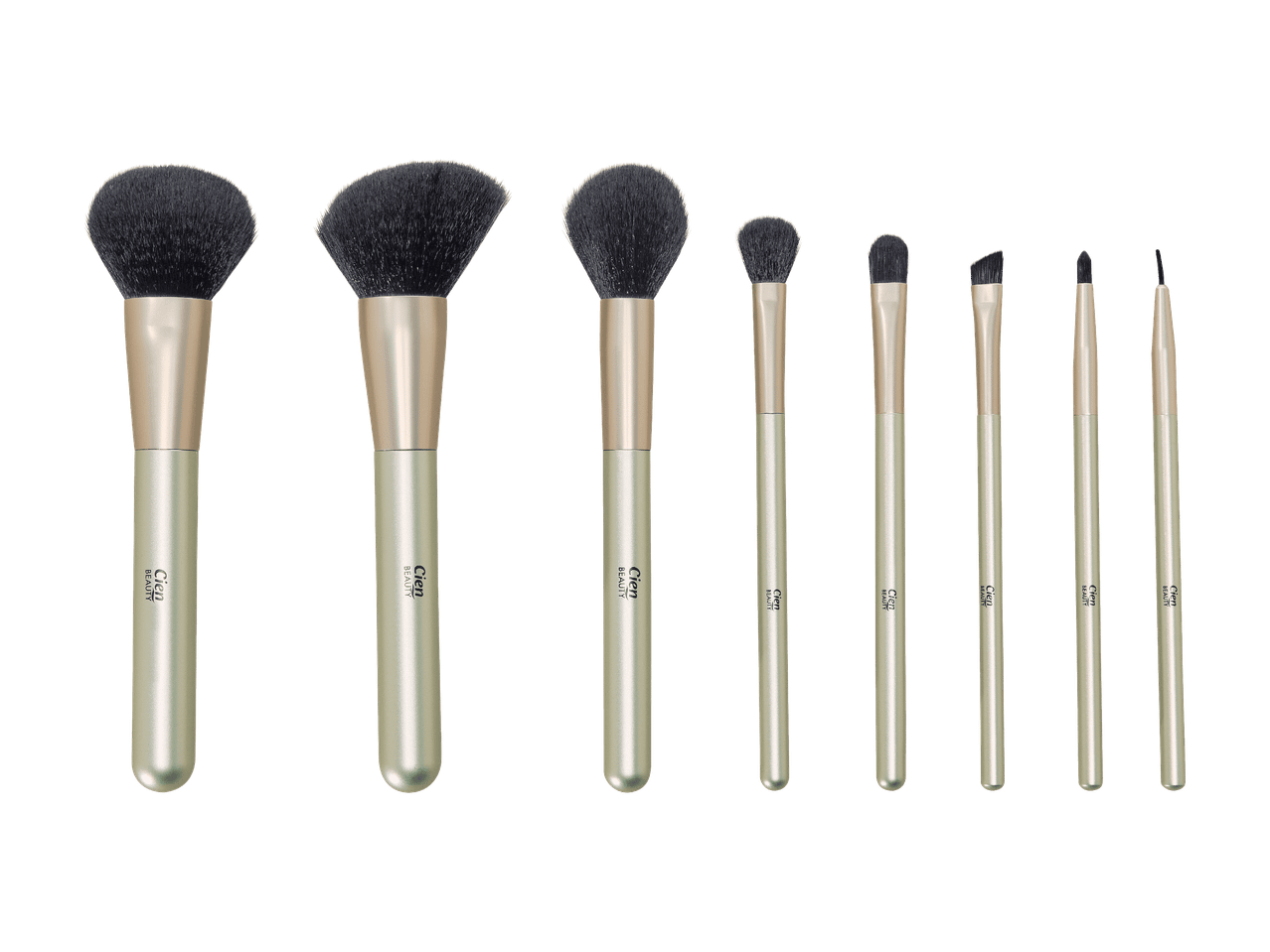 Un ensemble de huit pinceaux de maquillage avec des manches dorés clairs et des poils noirs.