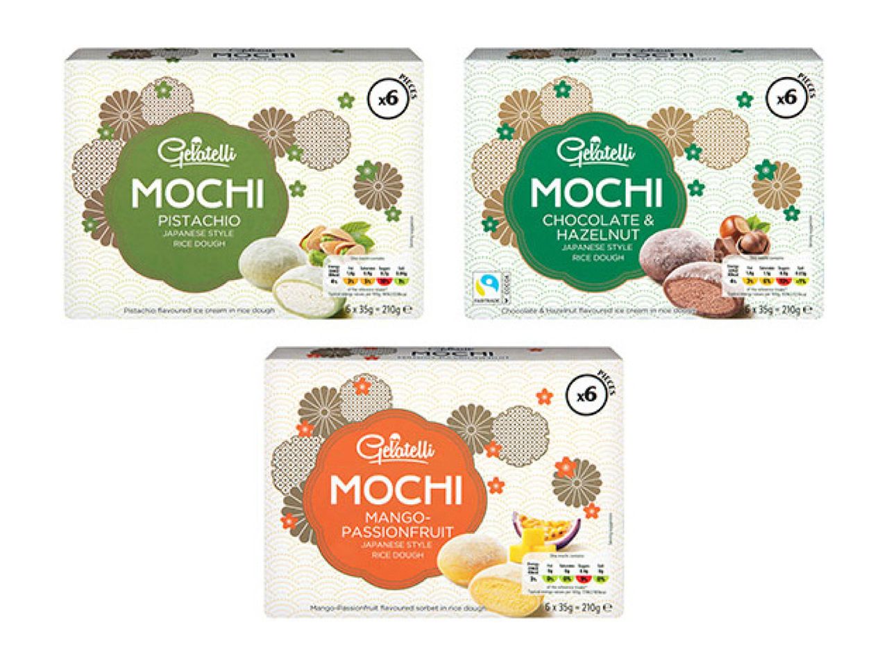 Three boxes of Japanese-style mochi in pistachio, chocolate & hazelnut, and mango-passionfruit flavors.