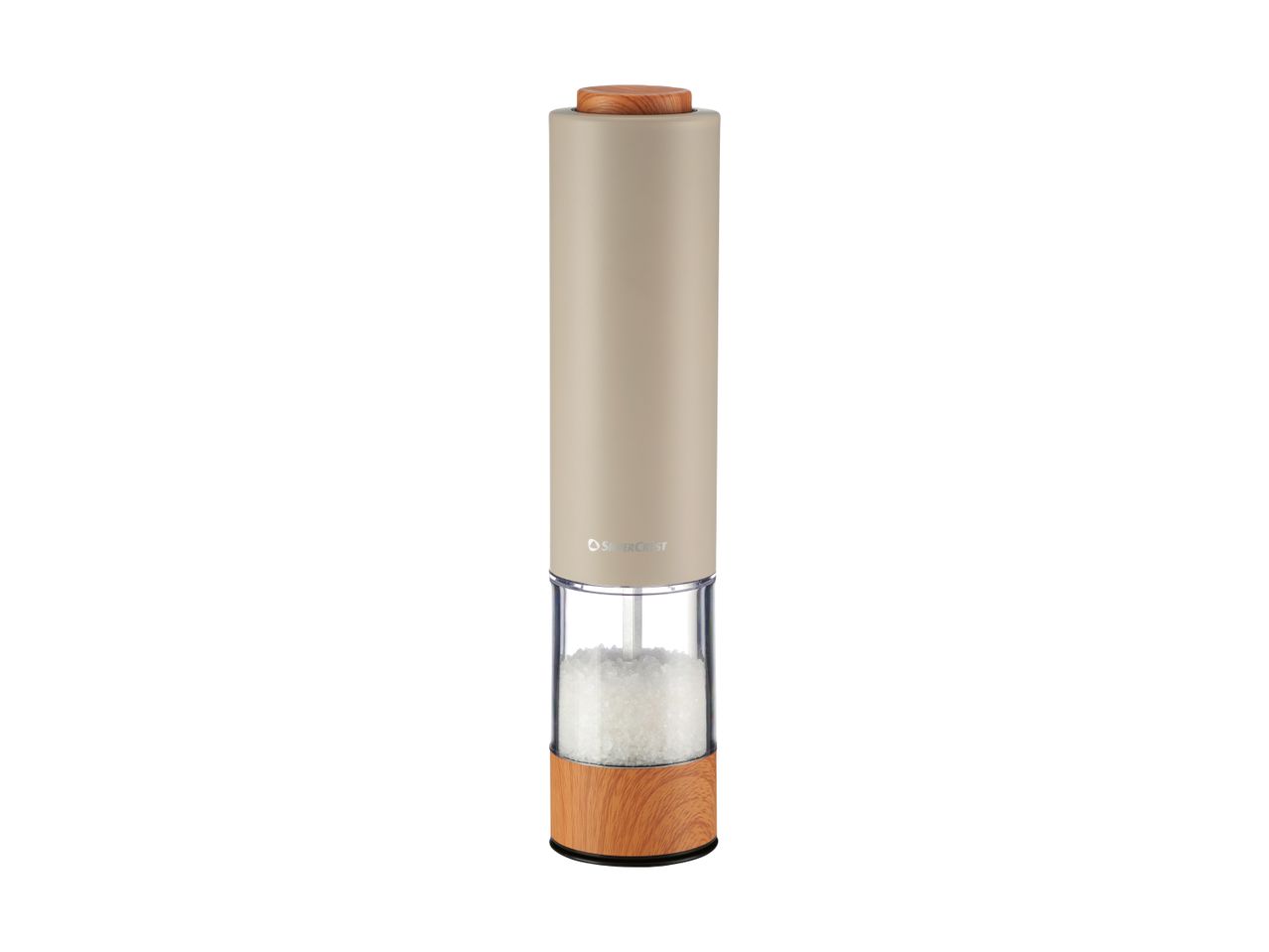 Electric salt or pepper mill with a beige top, clear middle, and wooden base.