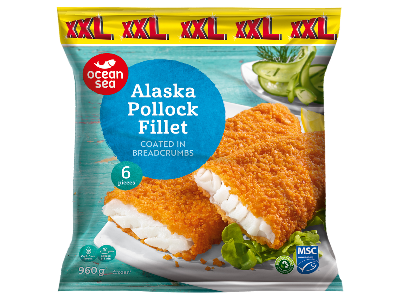 Ocean Sea's XXL Alaska pollockfilets, gepaneerd en bevroren, klaar om te koken.