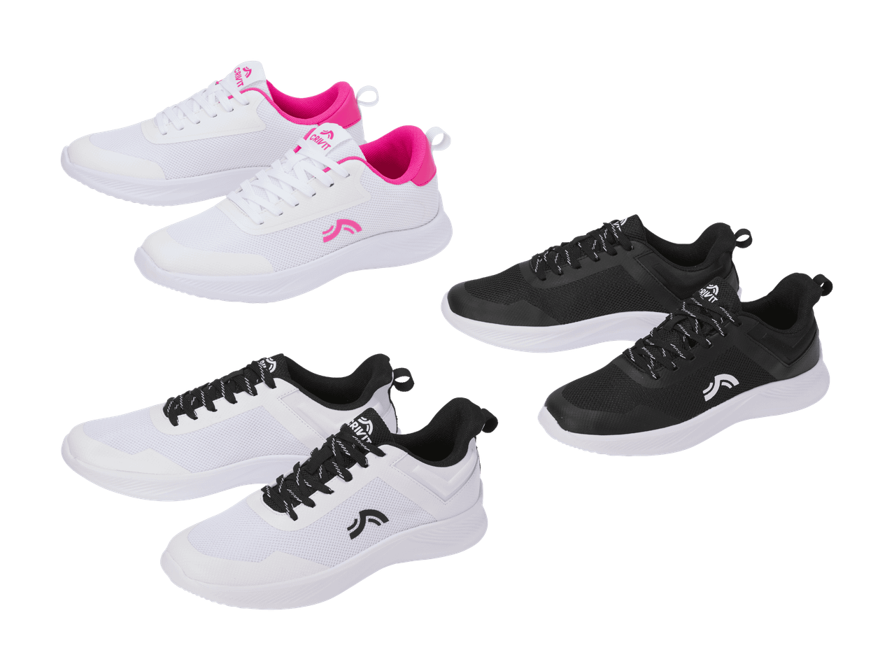 Scarpe da ginnastica bianche e nere con dettagli rosa, adatte per lo sport.