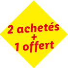 Badge promotionnel jaune avec le texte rouge '2 achetés + 1 offert'.