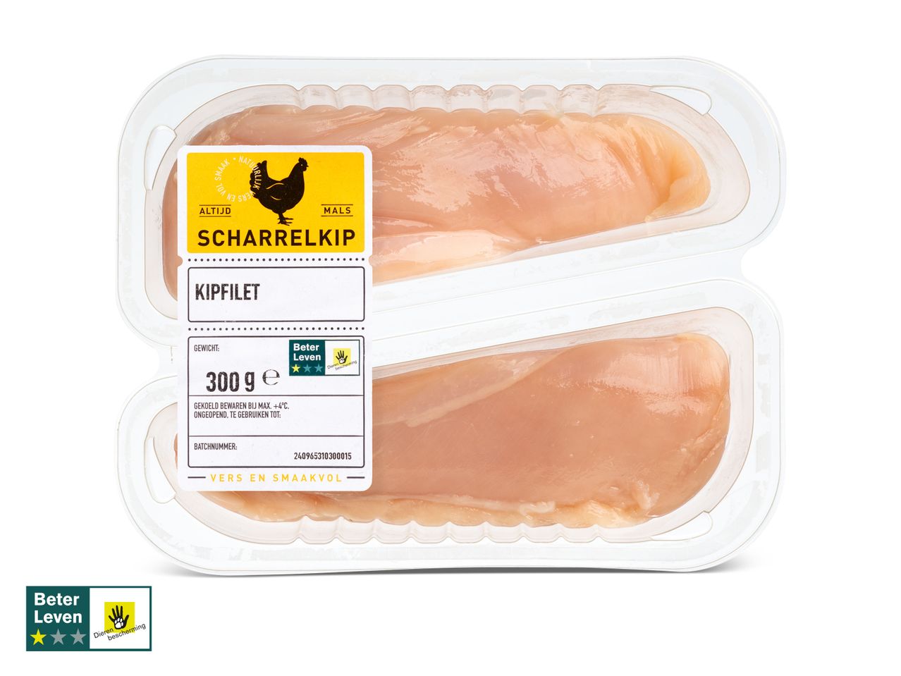 Scharrelkip Beter Leven kipfilets, 300g verpakking.