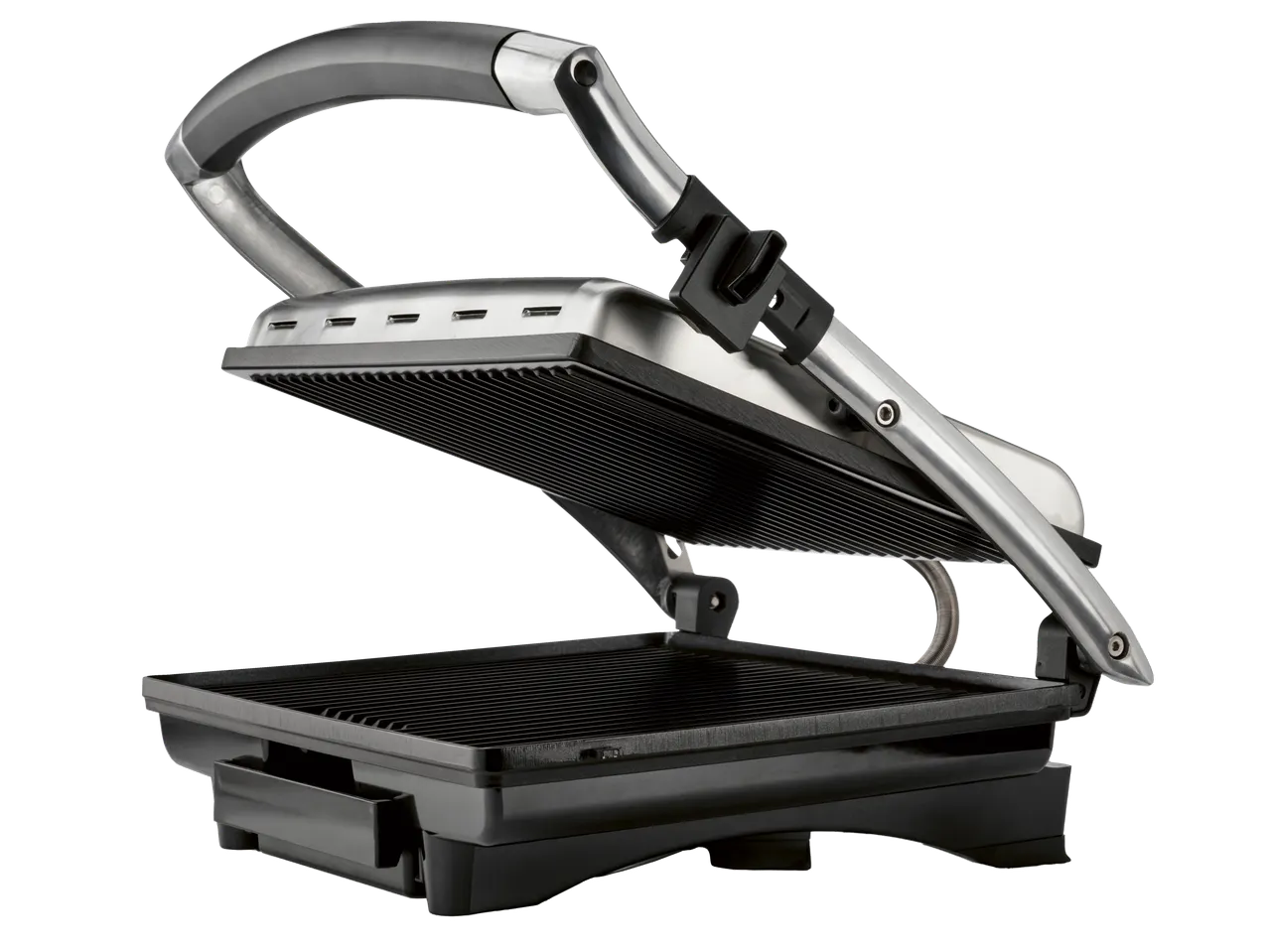 Silvercrest® kontaktdrills ar atvērtu vāku, parādot rievotās gatavošanas plāksnes.